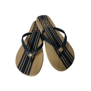Tory Burch tan & navy flip flops 7.5